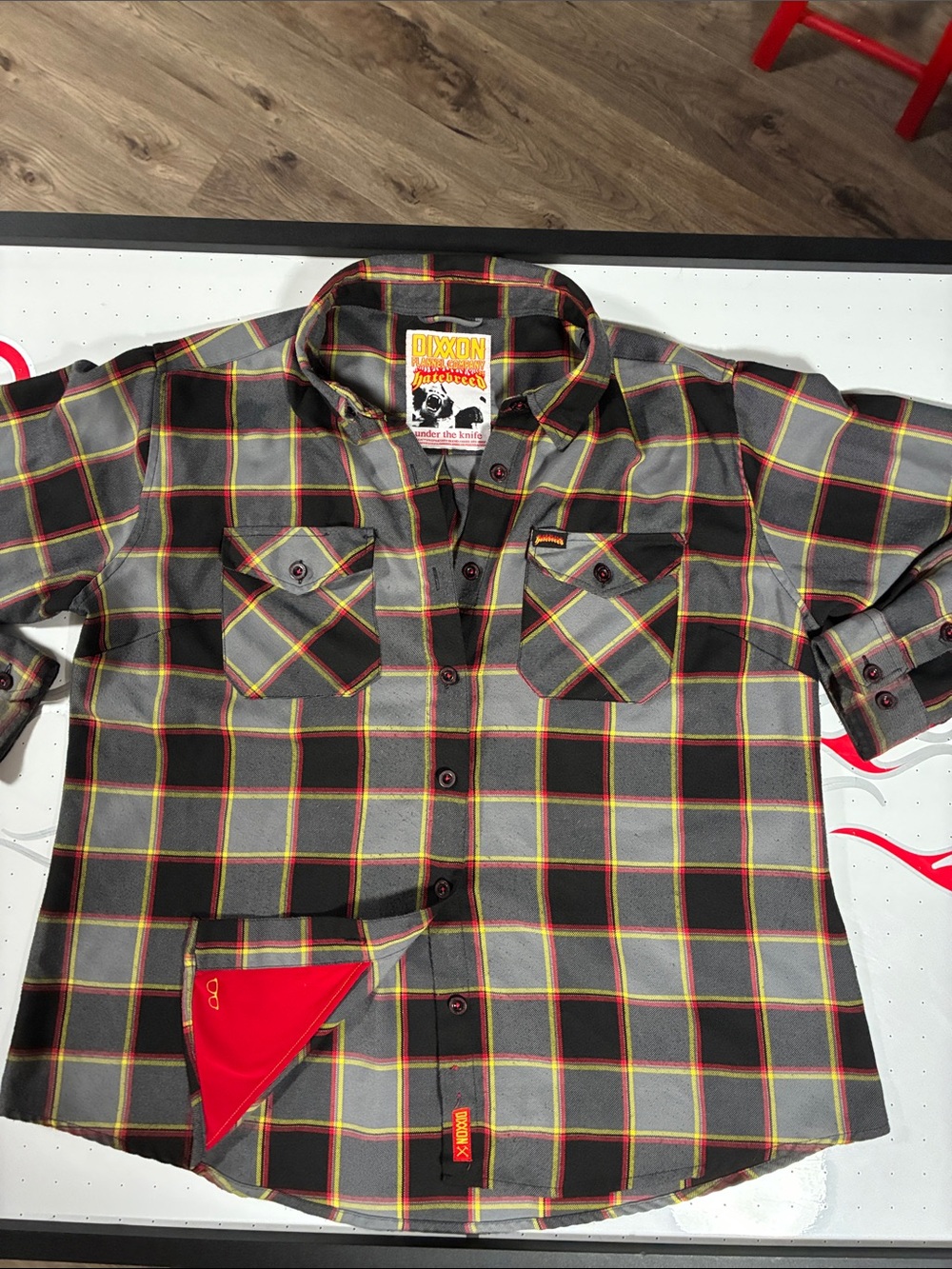 DIXXON Hatebreed Black,Gray, Red & Yellow Plaid Flannel Button-Down Shirt